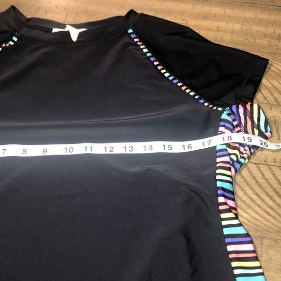 OP Peace ☮️ and Rainbow 🌈 Rash Guard Swim Shirt. Black Contrast Rainbow Piping - Picture 7 of 17